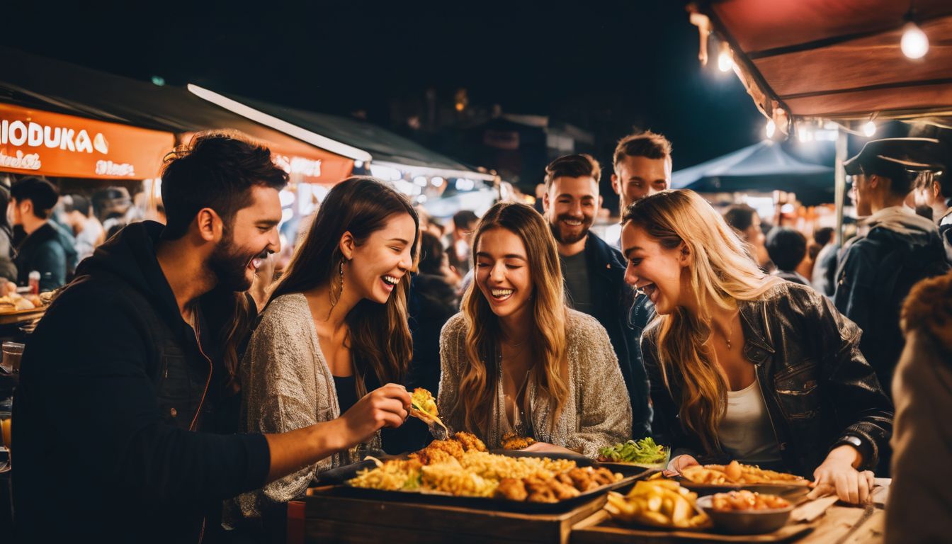 A group of friends enjoying street food at a lively night market.