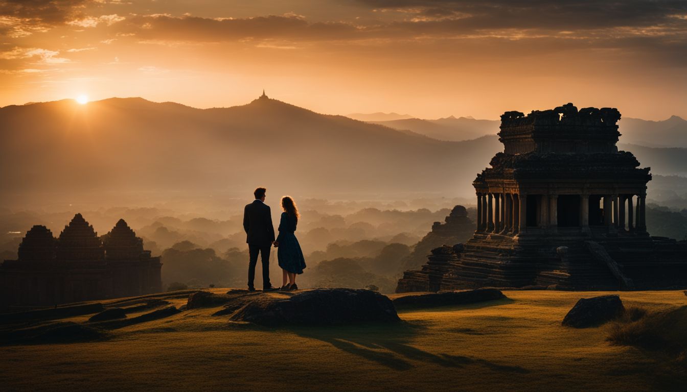 A couple stands in front of ancient temples at sunset, capturing the beauty of the landscape.