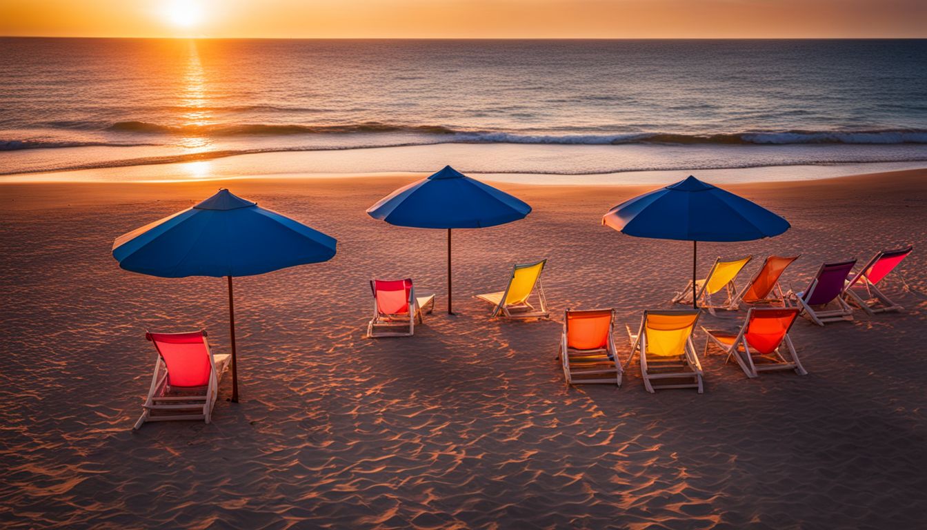 A captivating photo of an empty beach at sunset with colorful beach chairs and umbrellas.