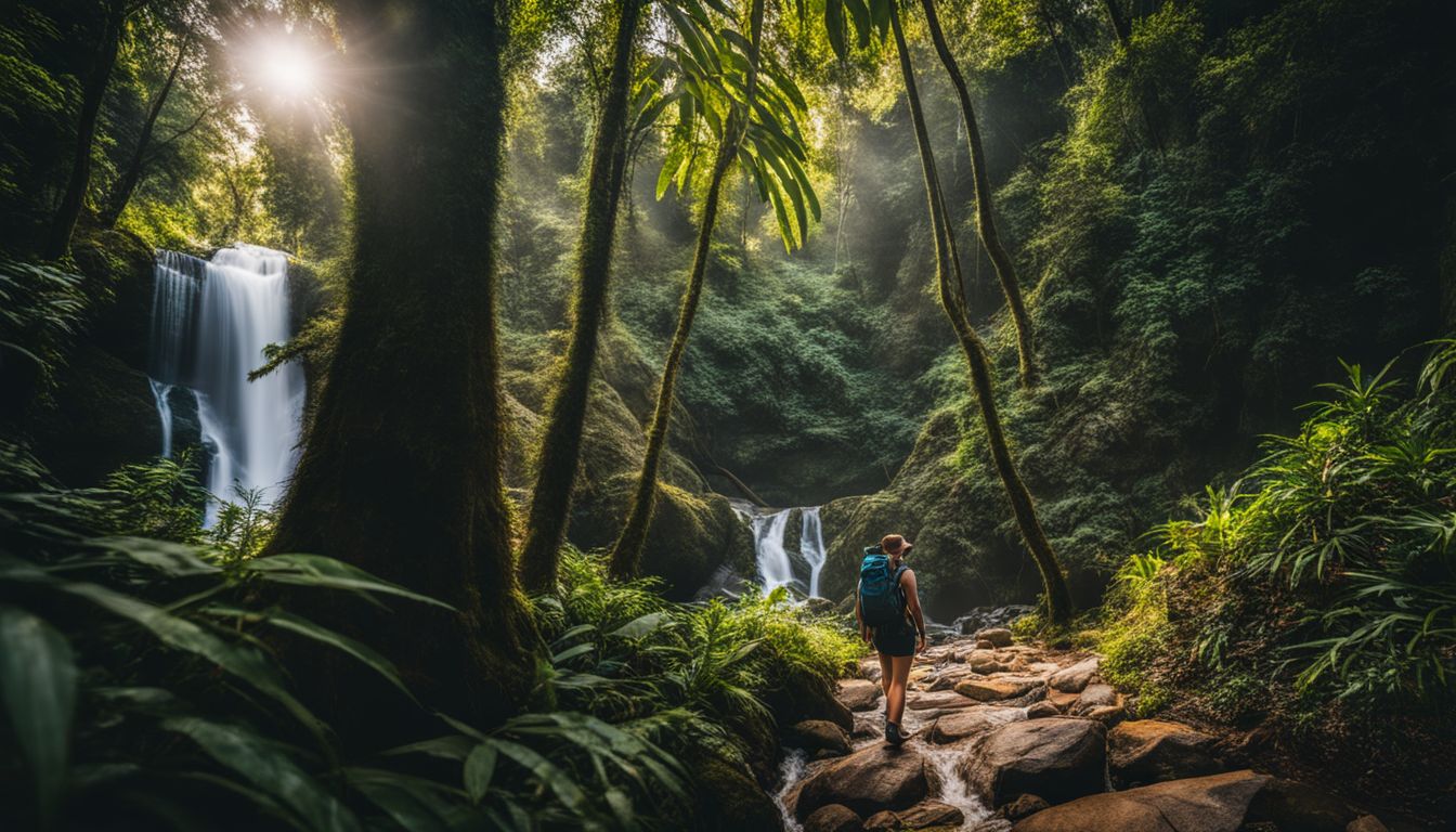 An adventurous hiker explores the lush jungles of Chiang Mai, surrounded by towering trees and waterfalls.