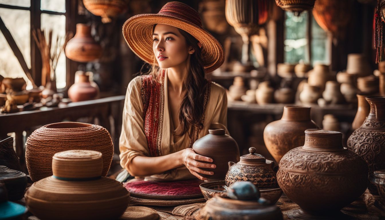 A woman wearing a traditional Non La hat surrounded by ethnic handicraft products and exquisite pottery.
