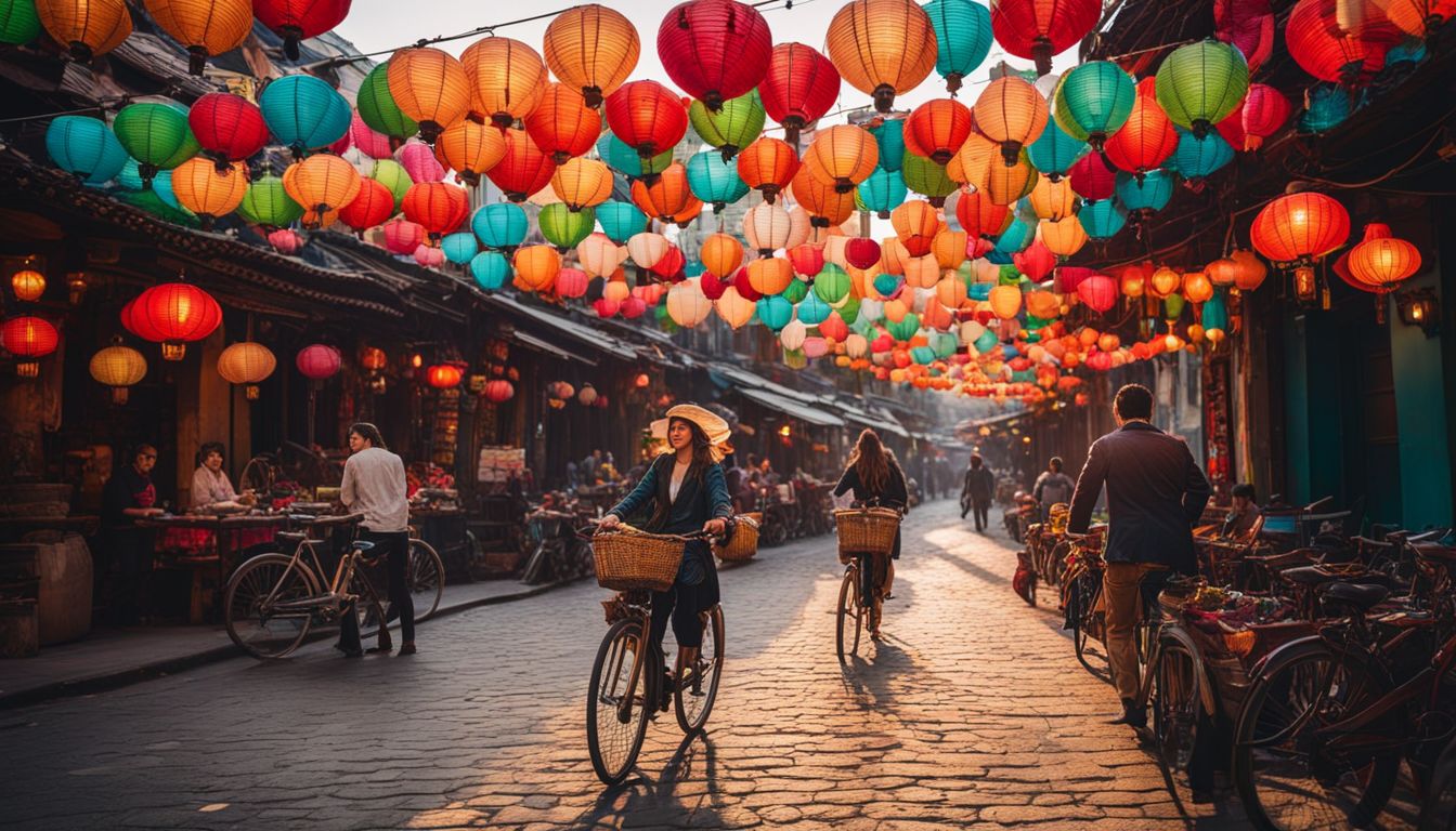 A vibrant street scene with lanterns, bicycles, and diverse people captured in a high-quality photograph.