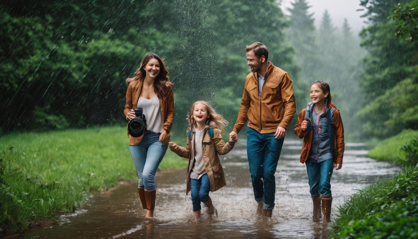 A family joyfully plays in the rain, surrounded by lush greenery and captured in crystal clear detail.