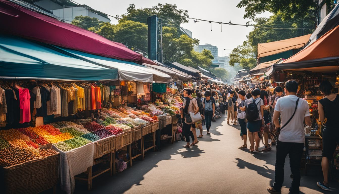 A vibrant market scene with diverse shoppers exploring colorful stalls.