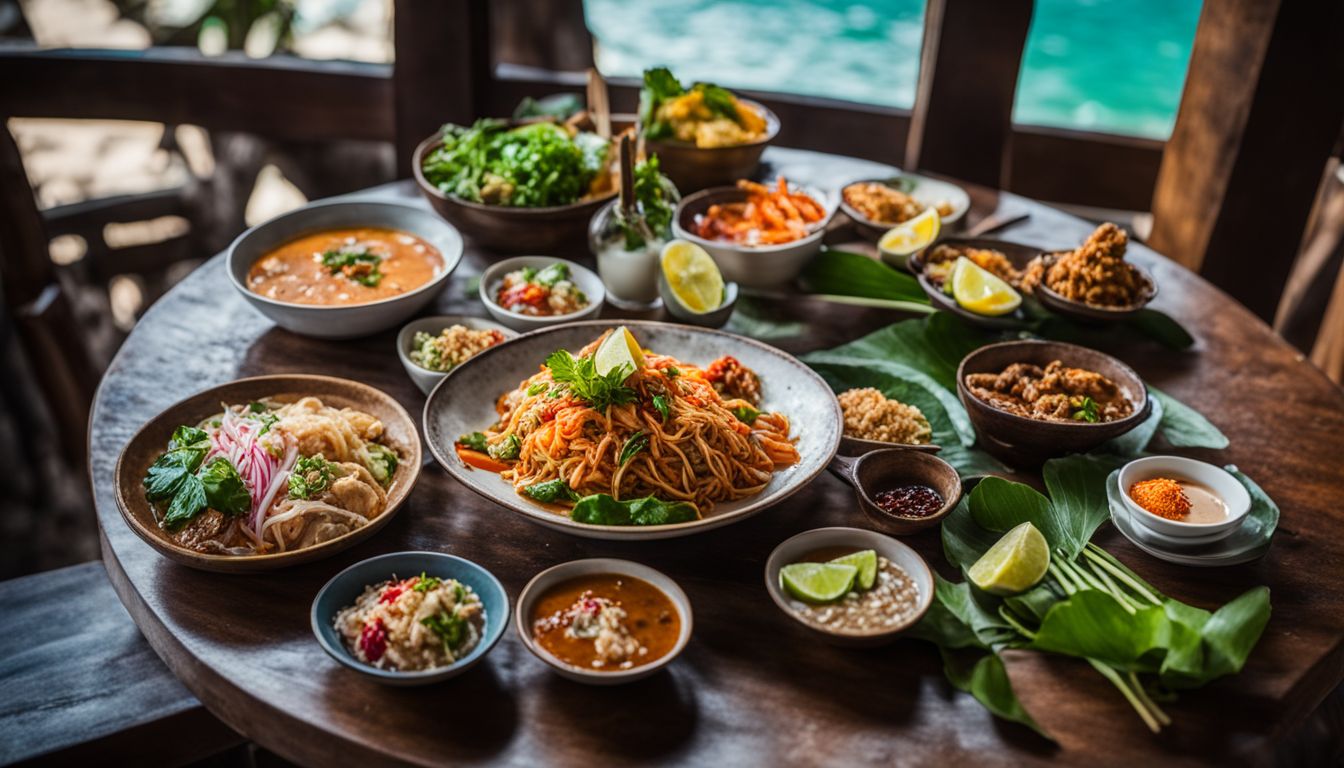 A vibrant table of Thai dishes set against the picturesque Railay Beach backdrop.