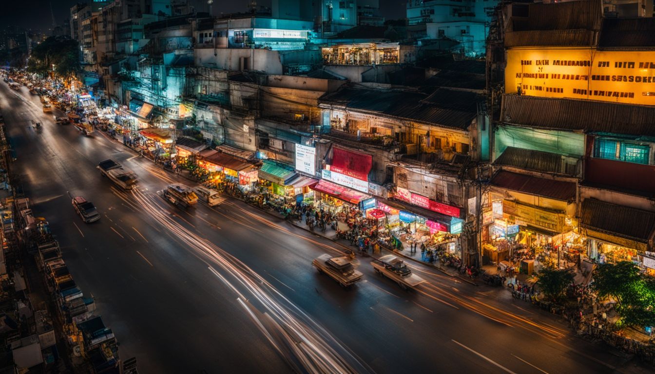 A vibrant night scene in Ho Chi Minh City with bustling streets and a variety of people and styles.