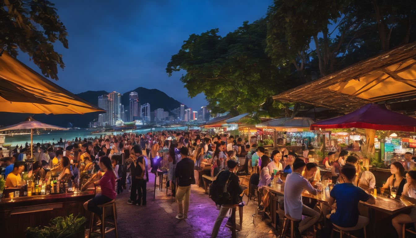 A lively nightlife scene in Si Racha captured in a vibrant and bustling cityscape photograph.