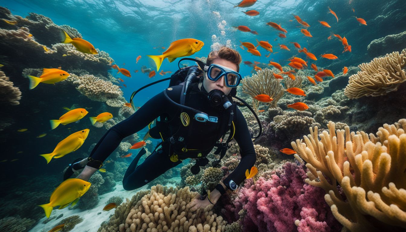 A scuba diver explores vibrant coral reefs in a bustling underwater world of varied marine life.