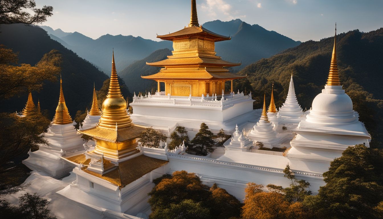 A picturesque scene of a golden pagoda surrounded by white stupas in a mountainous landscape.