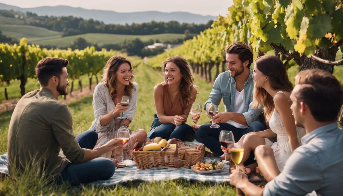 A diverse group of friends enjoy a picnic surrounded by vineyards and nature, with a bottle of wine.