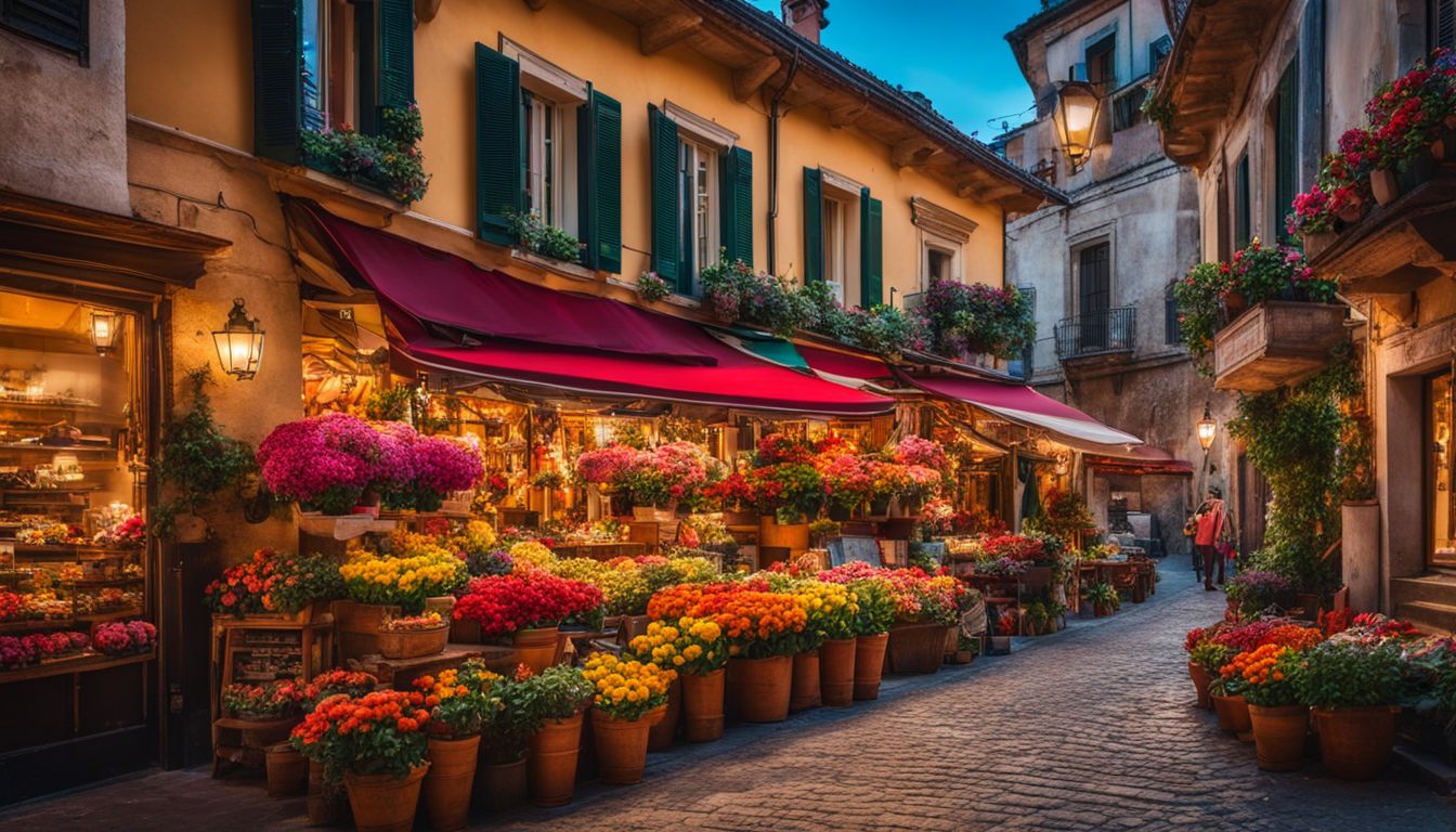 A vibrant Italian street with colorful shops, flowers, and a bustling atmosphere captured in a stunning photograph.