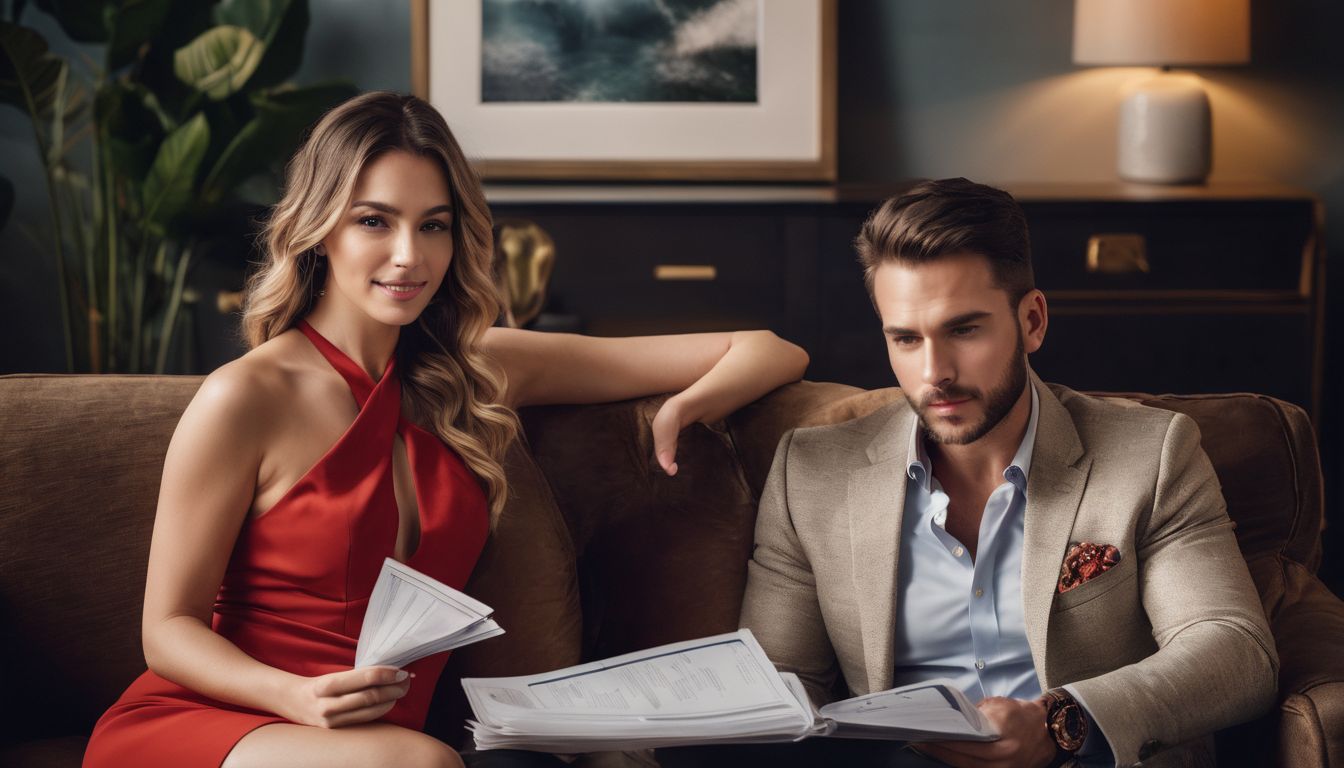 A couple sits on a luxurious couch surrounded by payment plan documents.