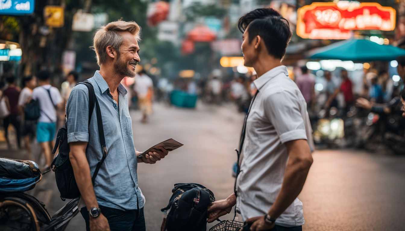 A local and a foreigner having a conversation in the busy streets of Ho Chi Minh City.
