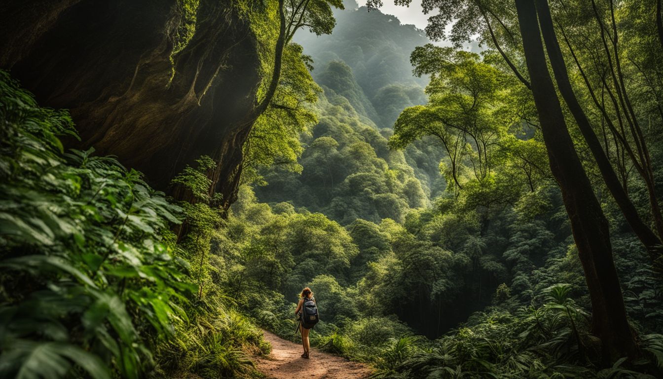 A hiker explores the lush jungles of Phong Nha Ke Bang National Park in a bustling atmosphere.