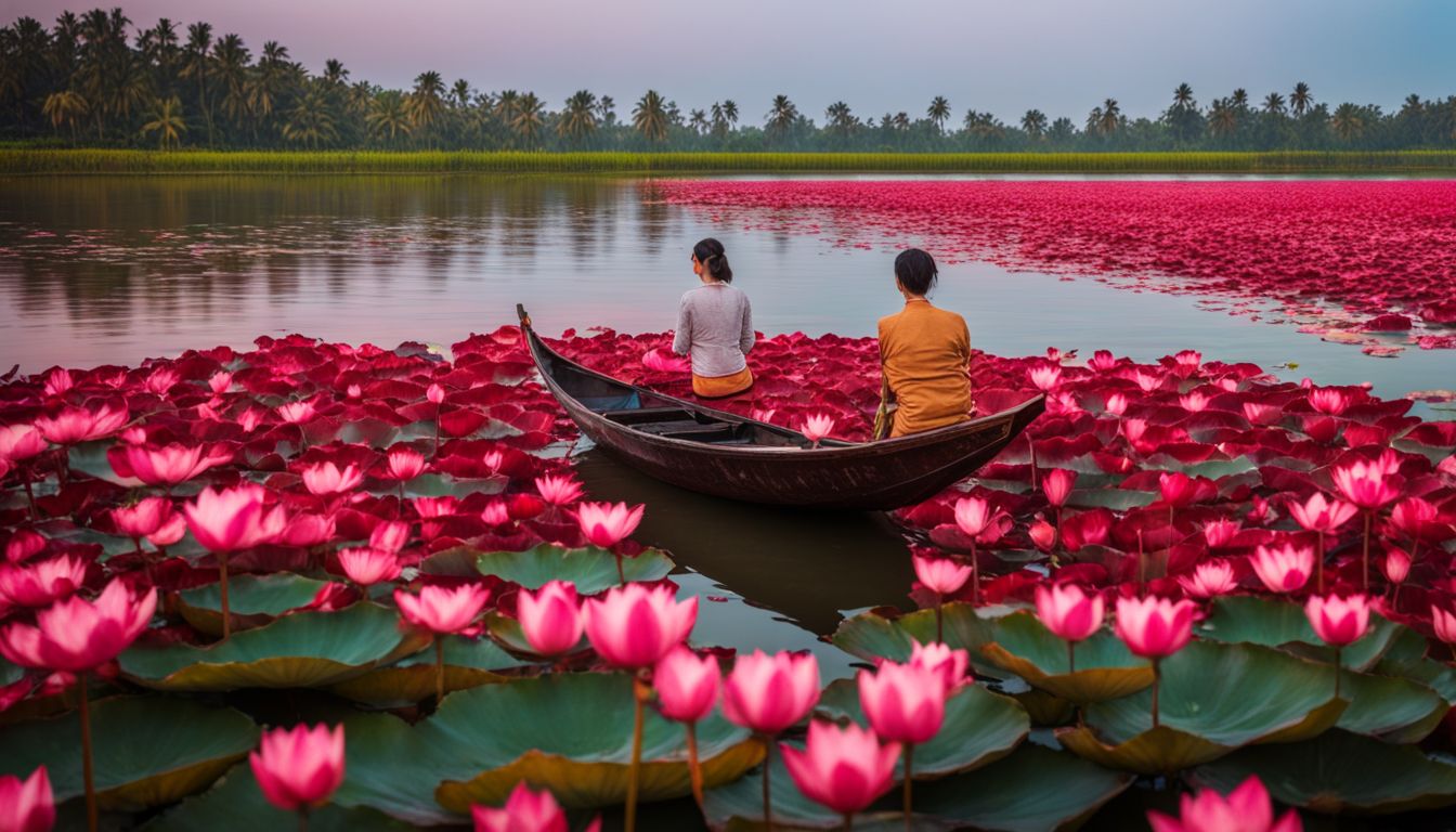 A serene photograph of a boat floating through blooming red lotus flowers on Red Lotus Lake.