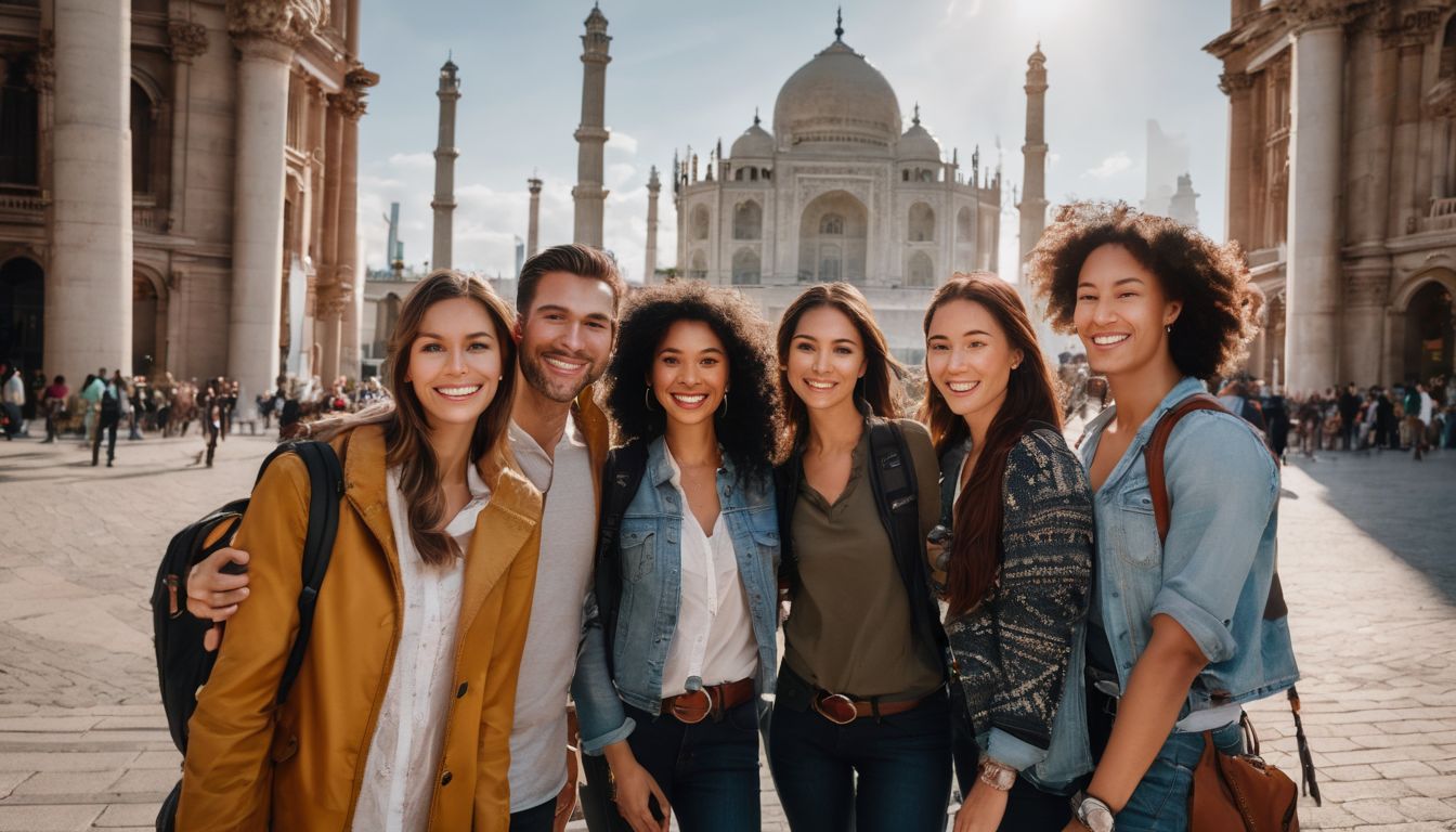 A diverse group of tourists poses happily in front of iconic landmarks, showcasing different faces, hairstyles, and outfits.