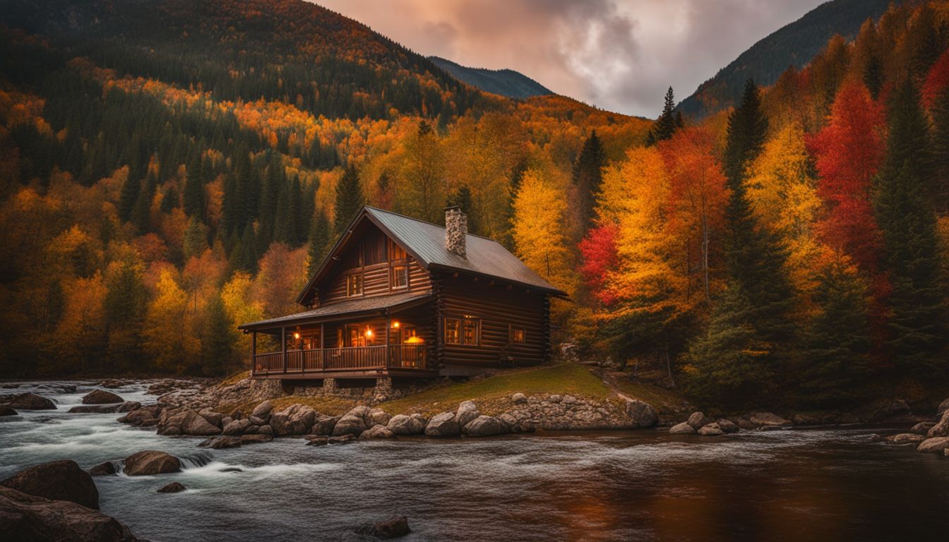 A picturesque cabin in the mountains surrounded by vibrant autumn foliage, with a lively atmosphere.