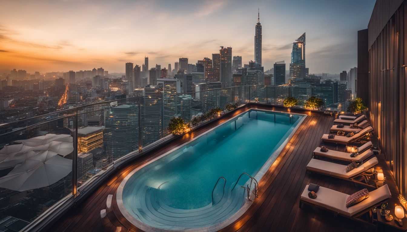 A rooftop pool with a city skyline view at Silverland Yen Hotel featuring a diverse group of people.