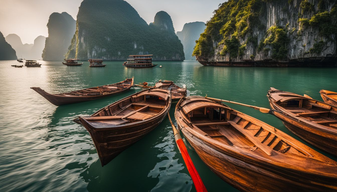 A beautiful photograph of traditional wooden boats floating in the scenic waters of Ha Long Bay.
