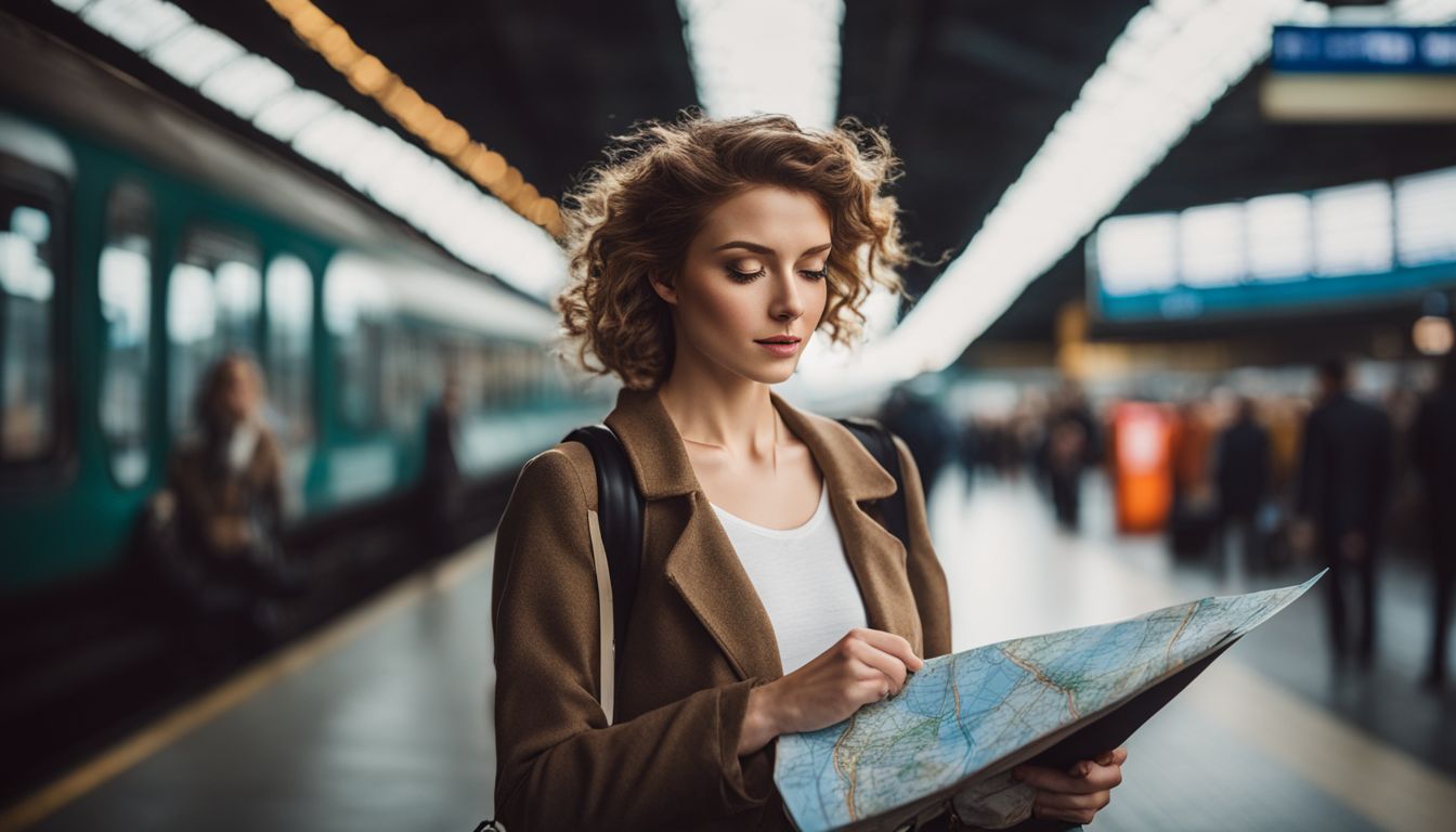 A woman at a busy train station holds a suitcase and map, ready for her next adventure.
