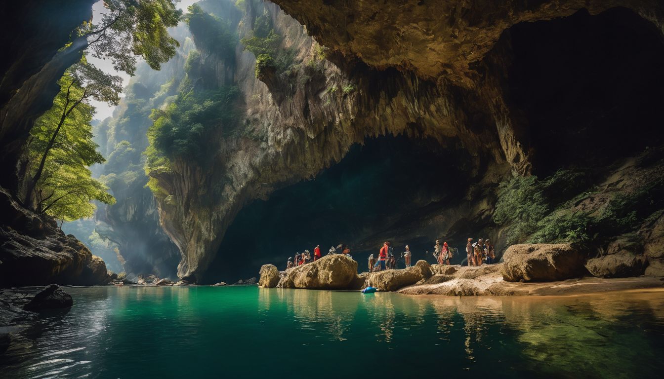 A diverse group of travelers explore the stunning landscapes of Krasae Cave in a bustling atmosphere.