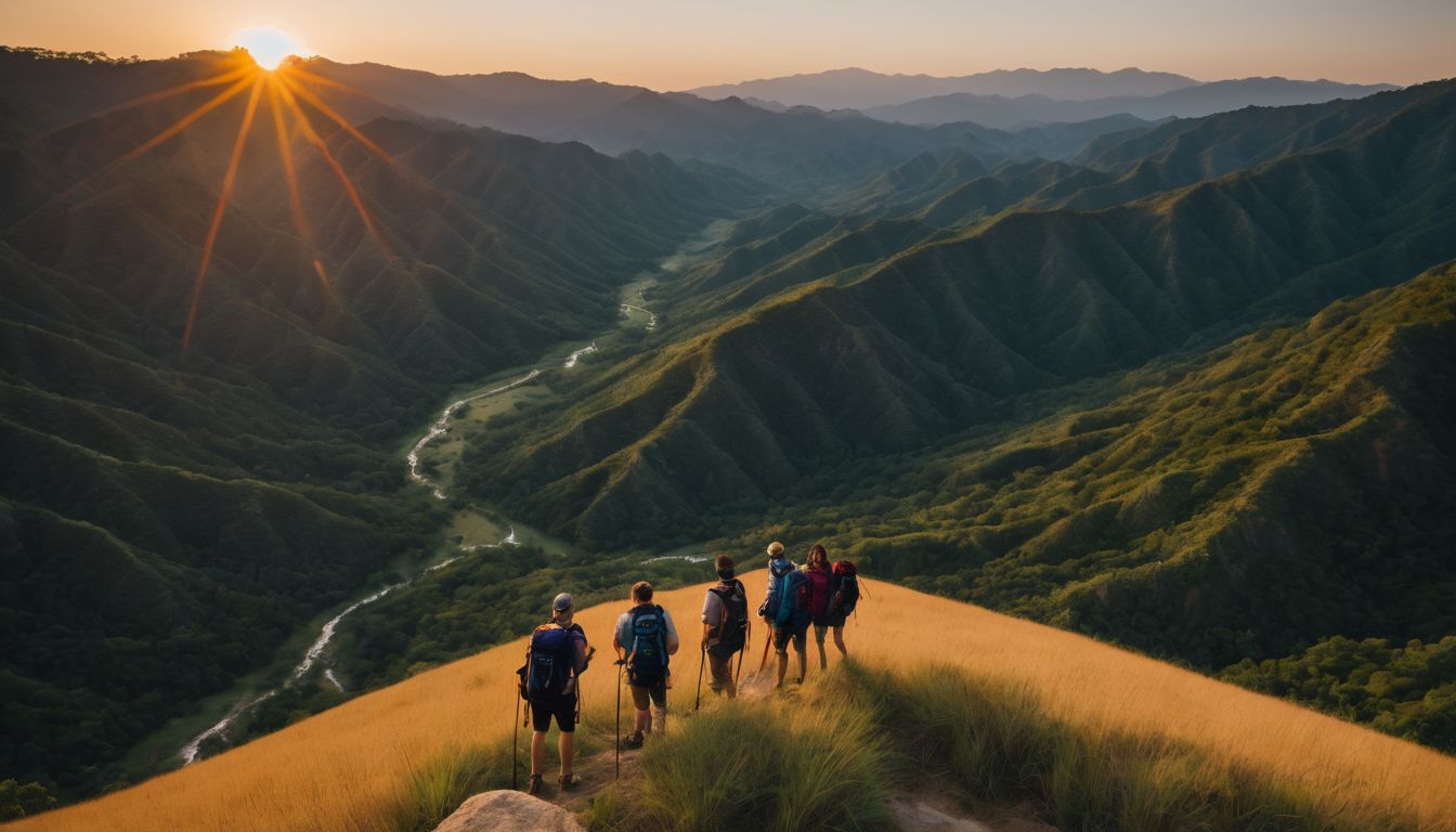A diverse group of hikers enjoying the scenic view of Pai Canyon at sunset.