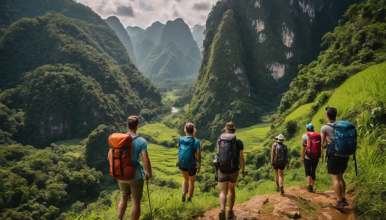 A diverse group of friends hike through the lush mountains of Phong Nha.