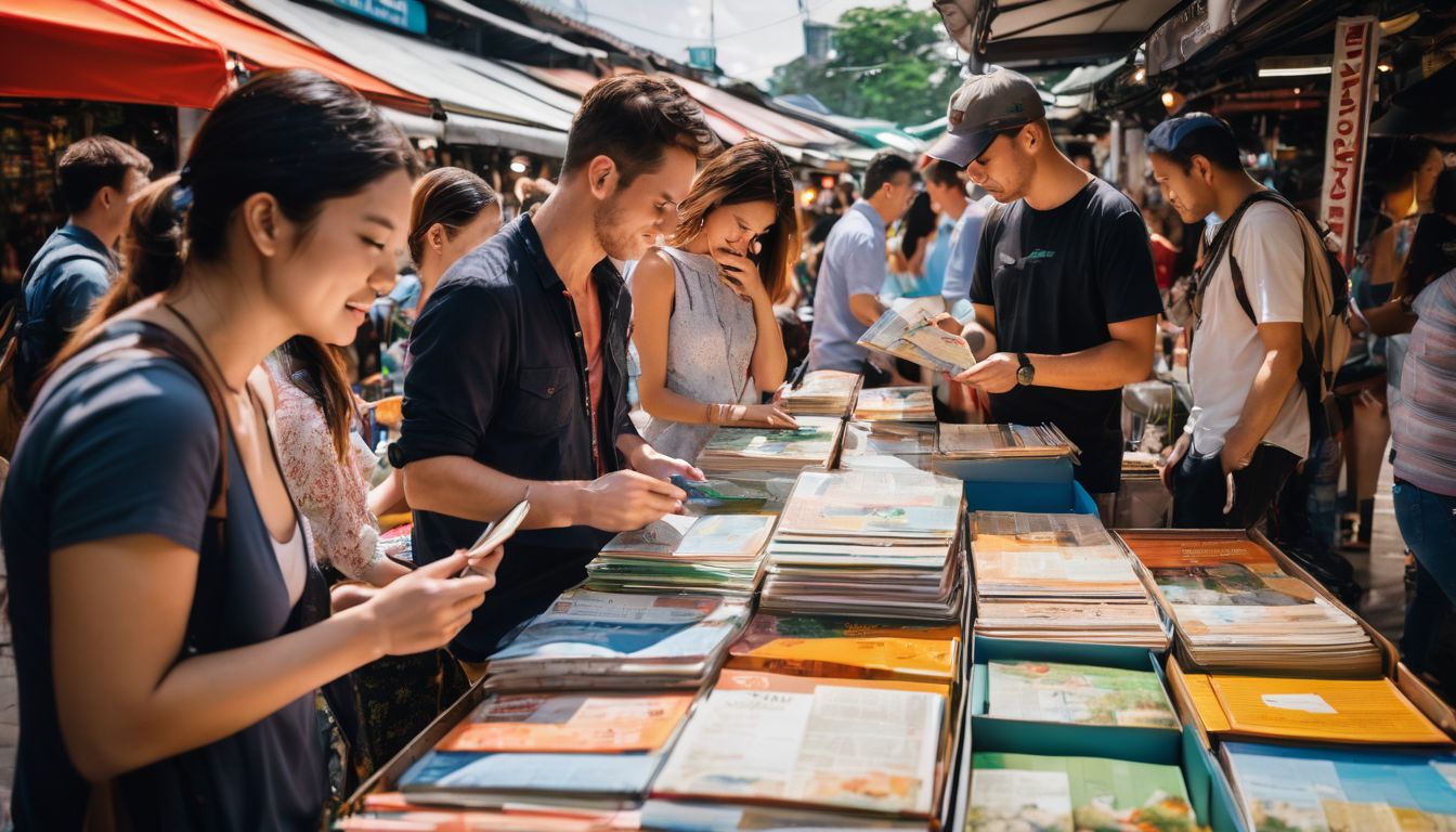 A diverse group of tourists exploring the vibrant stalls at Chatuchak Weekend Market.