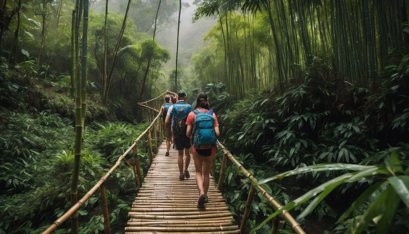 A diverse group of hikers cross a bamboo bridge in the vibrant Vietnamese jungle.