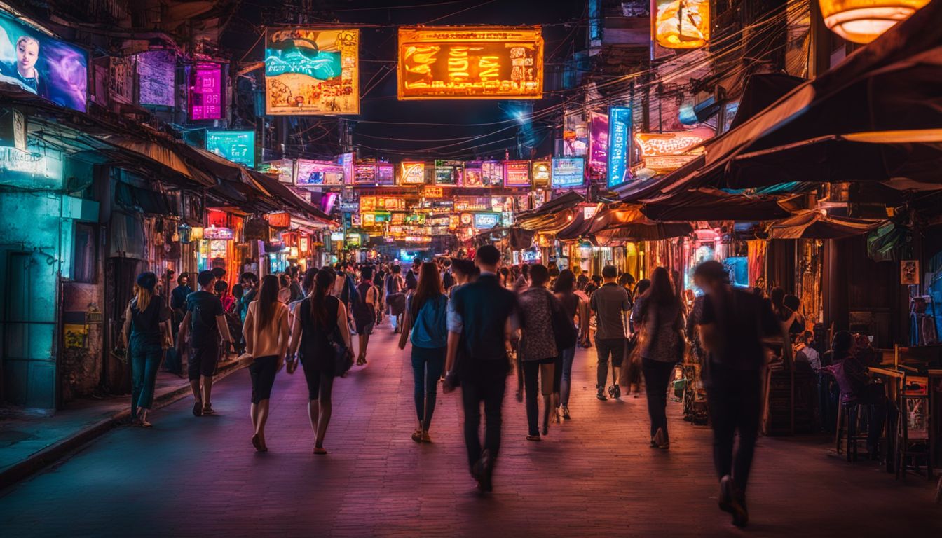 A vibrant city street at night filled with people enjoying the bustling nightlife and neon lights.