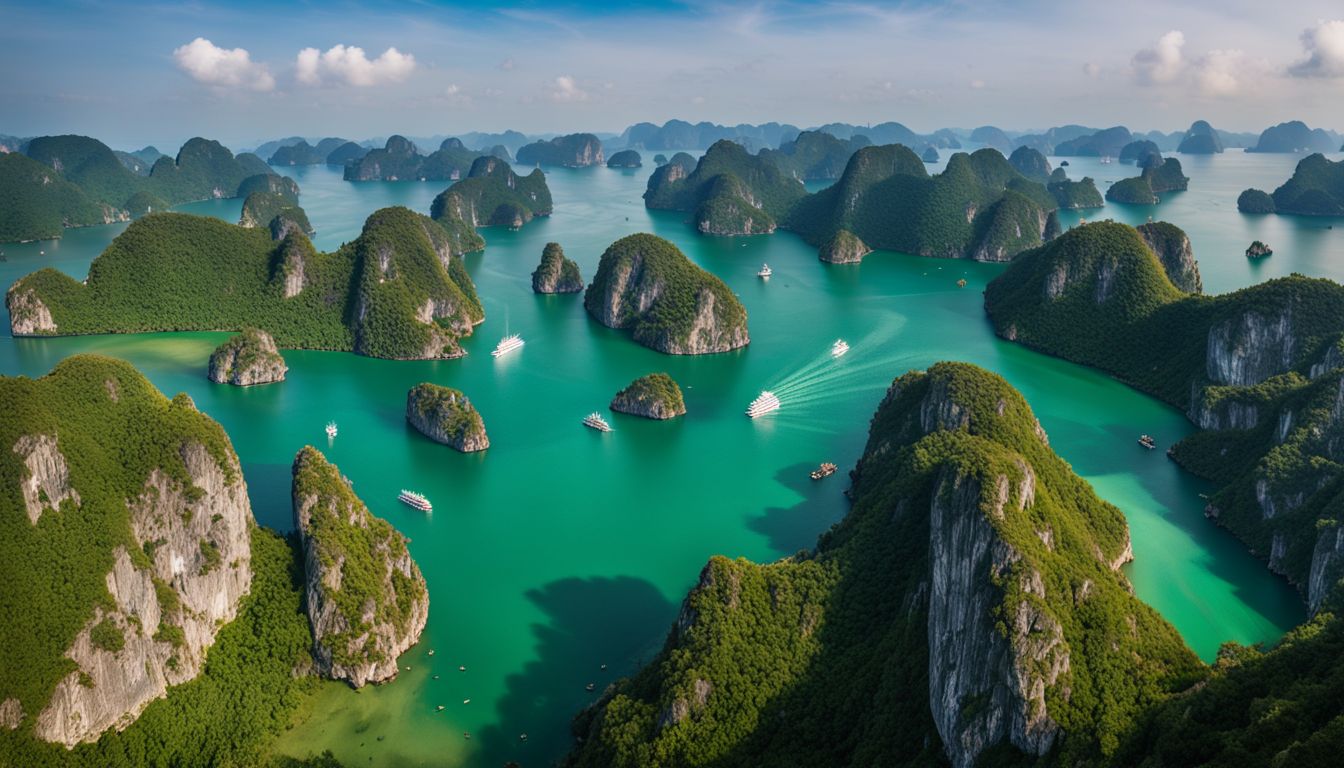 A vibrant aerial photograph capturing the beauty and activity of Halong Bay's limestone karsts and emerald waters.