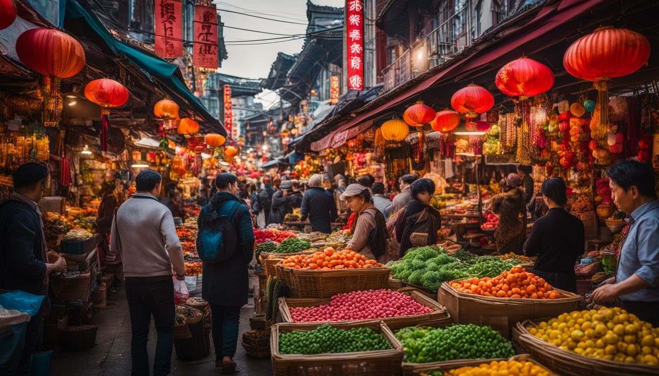 A vibrant and bustling market in Chinatown with colorful stalls, diverse people, and a lively atmosphere.