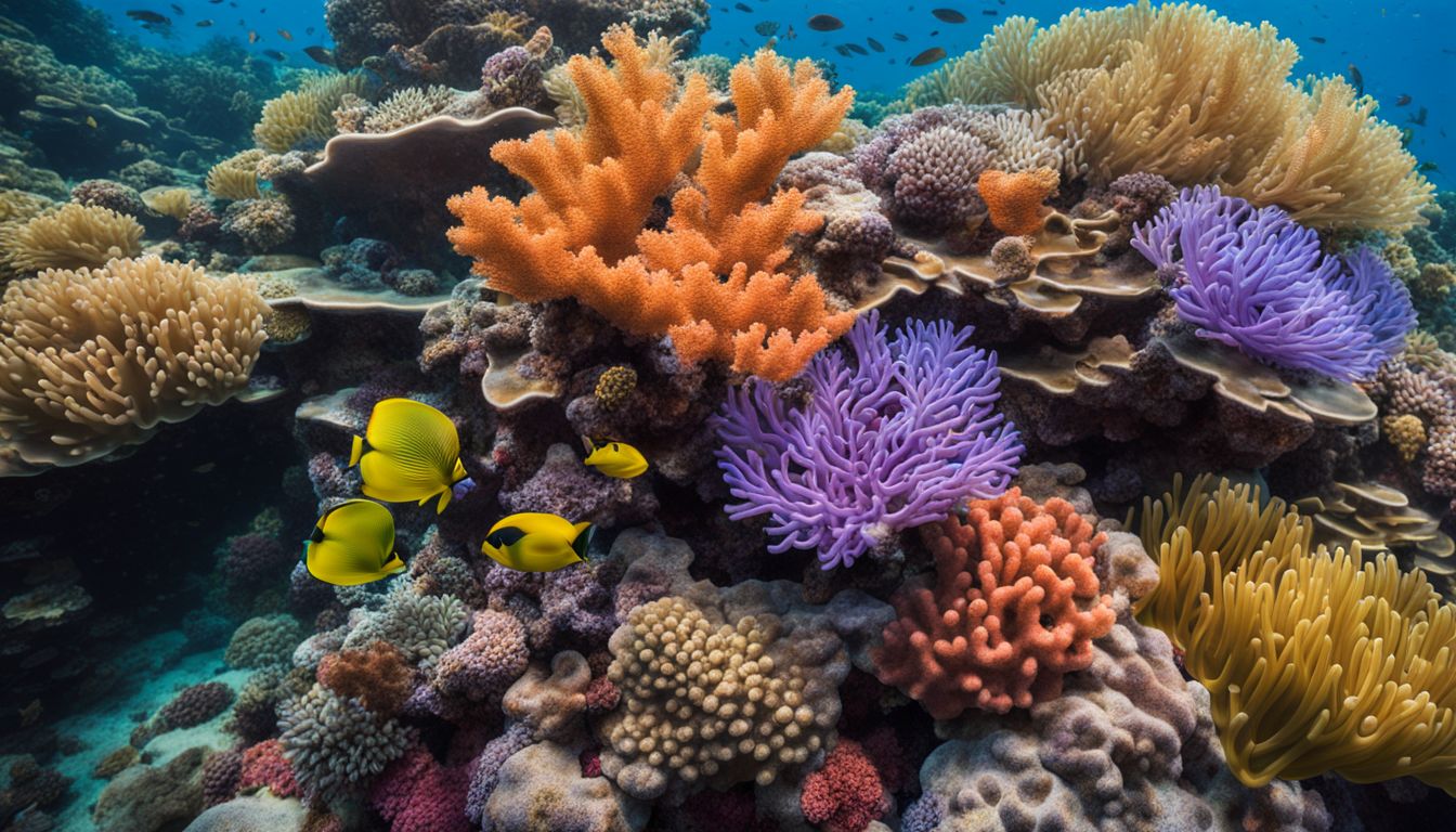 A vibrant underwater scene with colorful coral reefs and a wide variety of fish species.