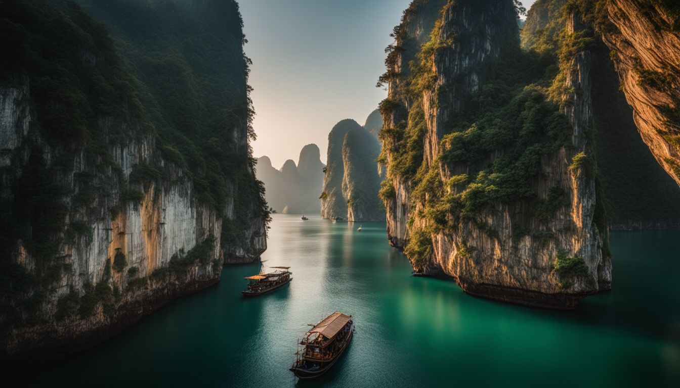 A captivating photograph of the breathtaking limestone formations of Ha Long Bay at sunrise.
