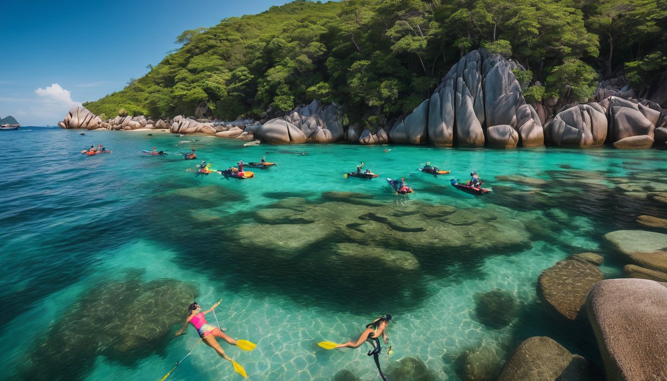 A group of diverse tourists snorkeling in the clear waters of Koh Tao, capturing vibrant marine life.