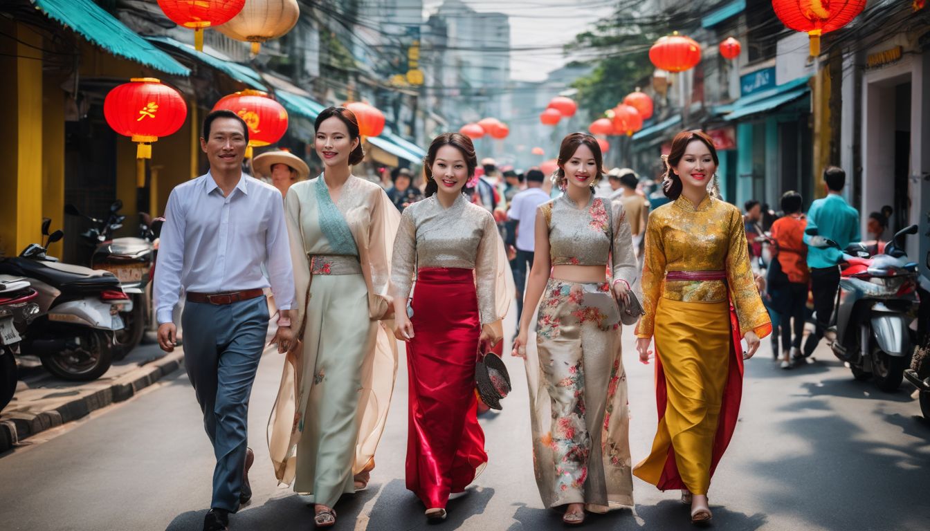 A diverse group of people in traditional Vietnamese clothing walk through the vibrant streets of Ho Chi Minh City.