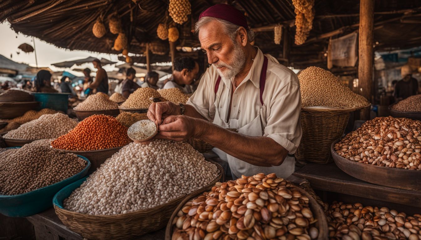 A merchant counts cowry shells in a bustling traditional marketplace, capturing the vibrant atmosphere and cultural diversity.