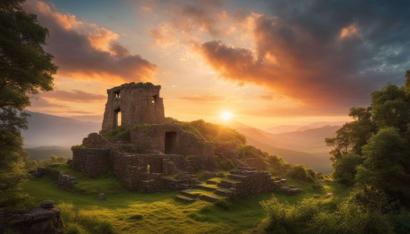 The photograph captures the stunning ancient ruins of Prey Nôkôr surrounded by lush greenery and a vibrant sunset sky.