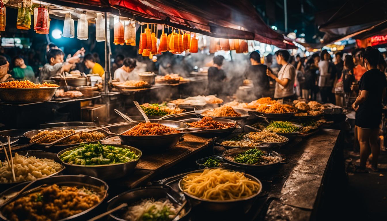 A vibrant night market filled with a diverse array of mouthwatering Thai street foods.