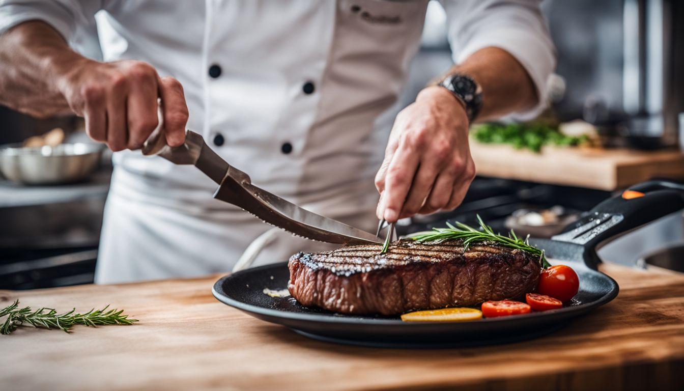 A chef using tongs to serve a grilled steak in a trendy kitchen, captured in a vibrant and bustling atmosphere.