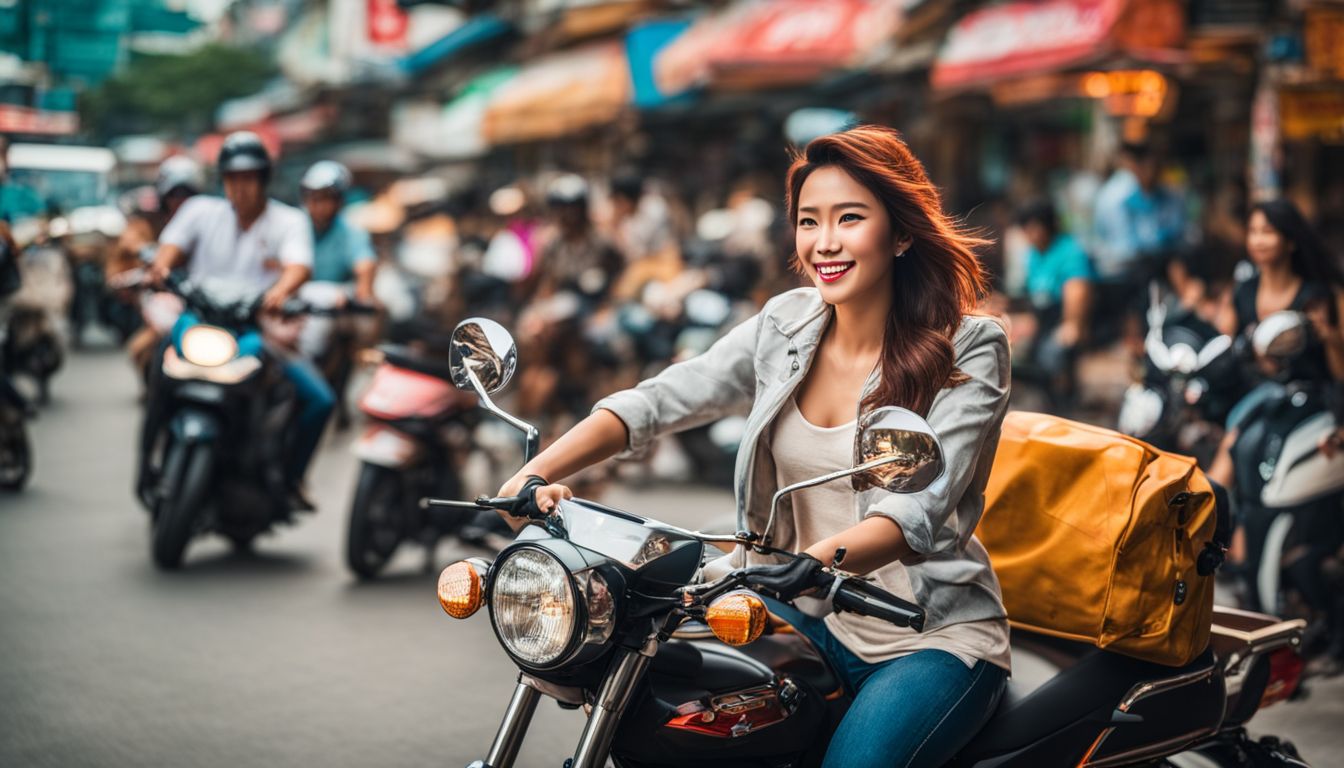 A woman rides a motorcycle taxi through the busy streets of Pattaya, capturing the bustling atmosphere.