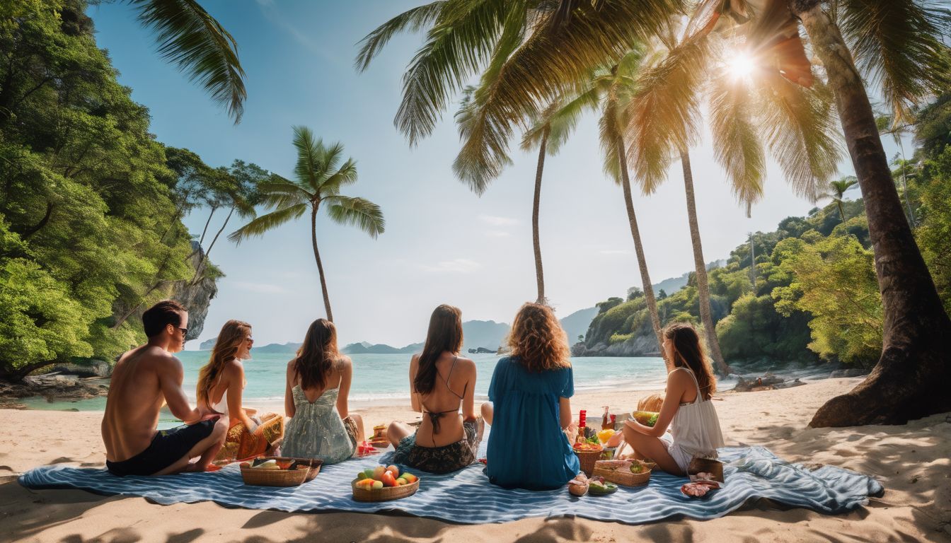 A diverse group of friends enjoys a picnic on a beautiful Phuket beach.