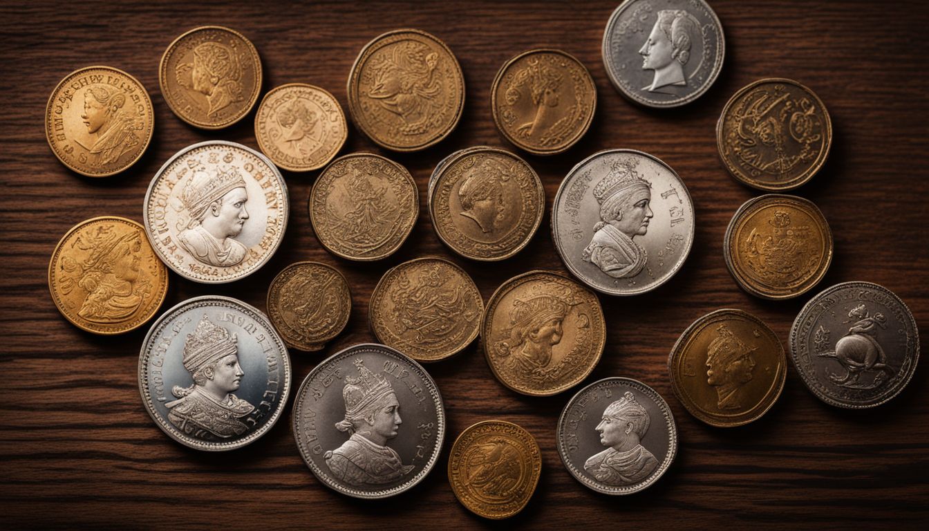 A collection of Rama 5 era coins displayed on a vintage wooden table, showcasing different faces, hair styles, and outfits.