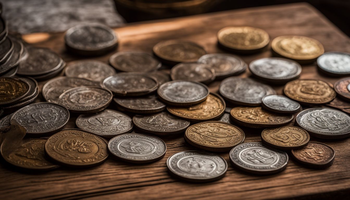 A photo of ancient Thai coins from the Rama 6 and Rama 7 era displayed on a wooden table.