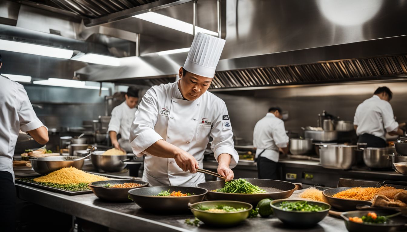 A chef prepares a delicious Thai dish in a high-rated restaurant kitchen, captured in a vibrant and cinematic photograph.