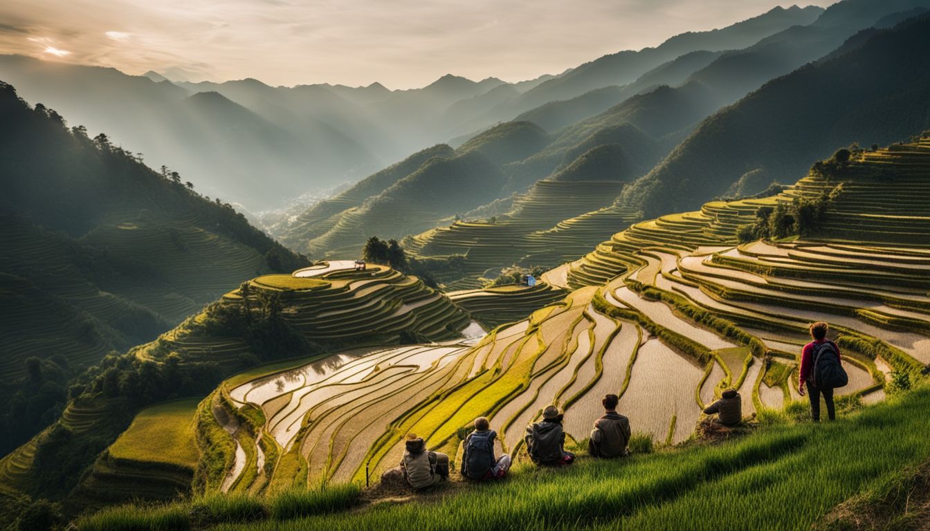 A group of hikers enjoying the scenic view of terraced rice fields in Sapa.