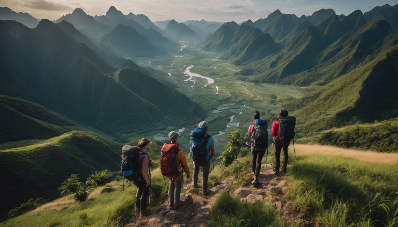 A group of diverse hikers enjoy the breathtaking Vietnamese landscape on a mountain peak.