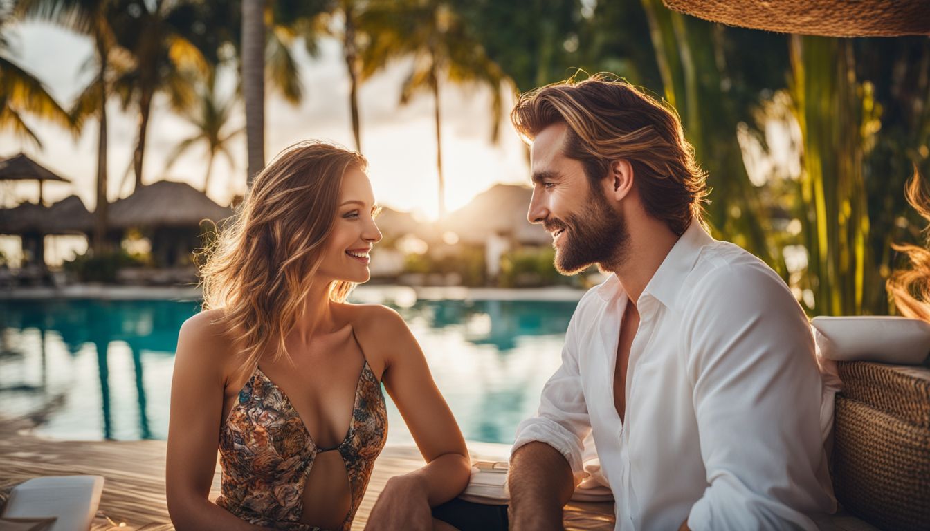 'A couple enjoying a luxurious resort poolside with a tropical backdrop.'