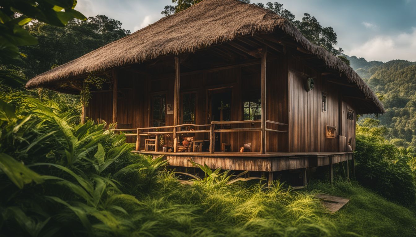 A picturesque wooden bungalow in Pai's peaceful countryside surrounded by lush greenery.