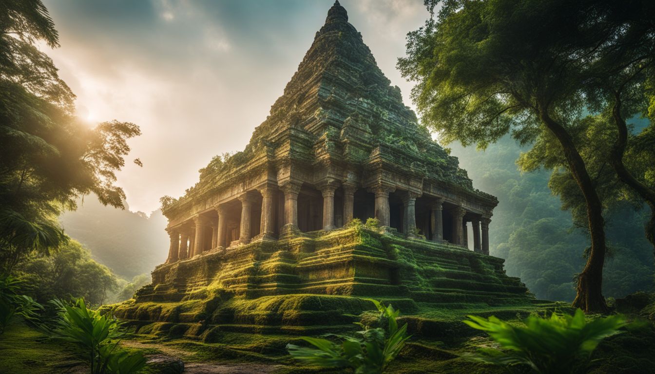 A photograph of an ancient temple surrounded by lush greenery, capturing its grandeur and serenity.